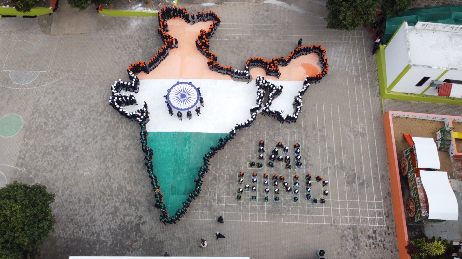 "For the First Time on India's 74th Republic day Ashirwad's International School  students reciting 465 articles of Indian constitution in many Indian Languages  and standing in the human portrait of Indian map"